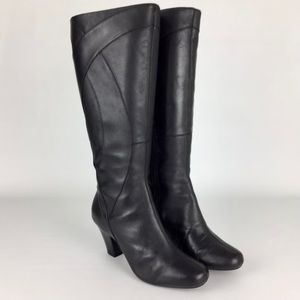 Clarks Black Leather Knee High Heeled Boots 7.5 W